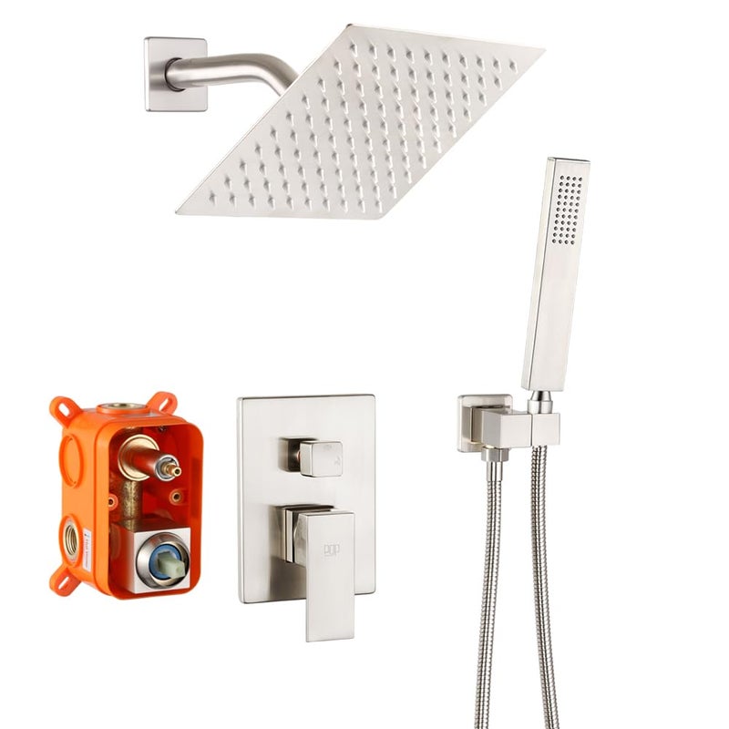 POP SANITARYWARE Shower System Brushed Nickel Bathroom Rainfall Shower Faucet Set Complete Wall Mounted 8 Inch Shower Head and Handle Set with Rough-in Valve Body and Trim Kit - Image 1